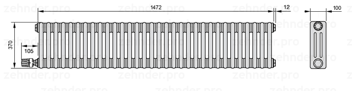 Схема (чертеж) Радиатор Zehnder Charleston 3037/32 №V003 Белый глянцевый RAL 9016